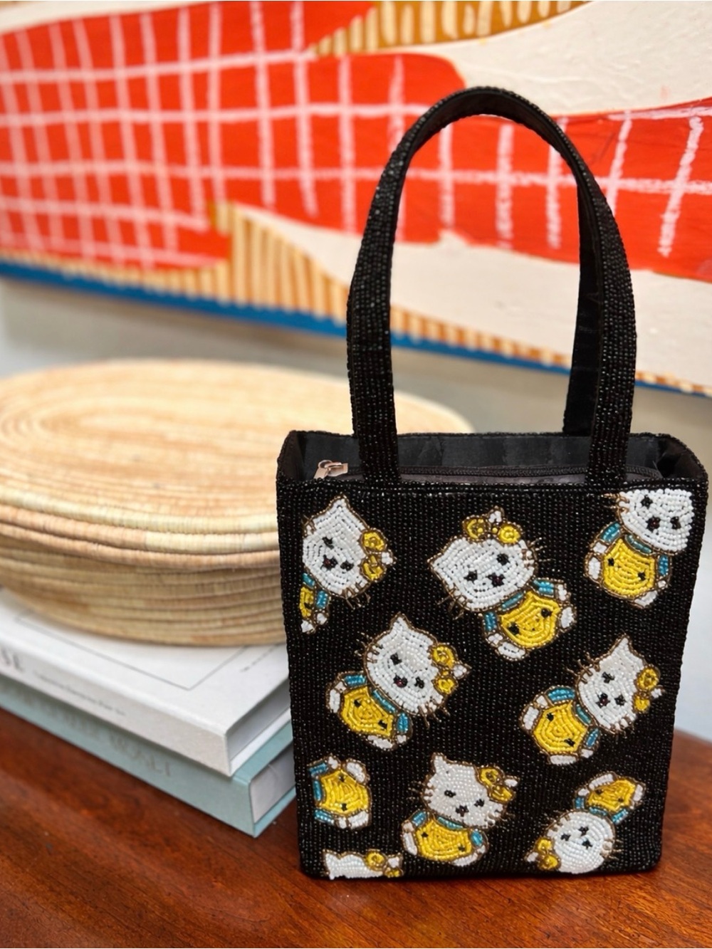 Hello Kitty Beaded Mini Tote Bag Black Seed Bead Handbag Kawaii Y2K Purse